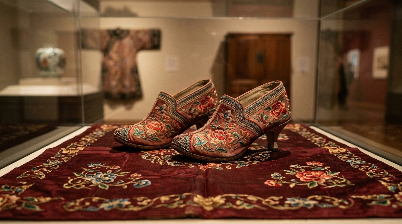 Fabricados em seda, algodão ou lã, esses sapatos costumavam receber bordados delicados de flores e pássaros.