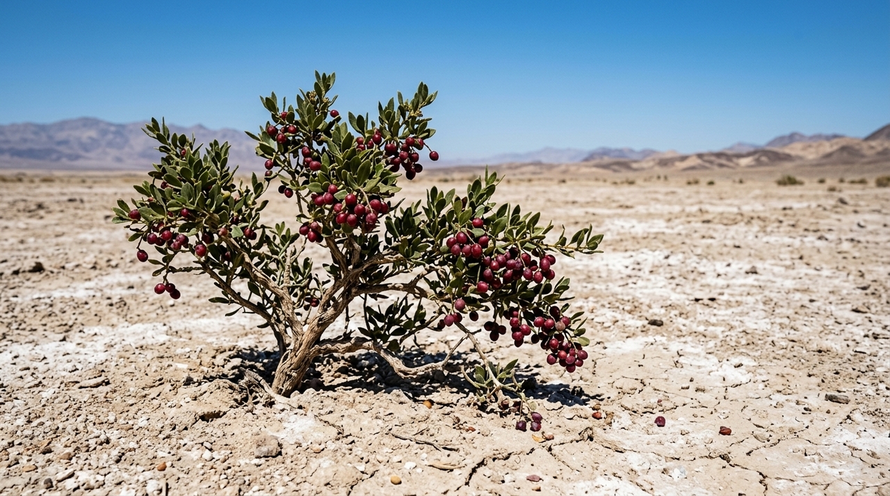 A Nitraria desenvolveu adaptações especiais ao longo do tempo que permitem sua sobrevivência em locais onde poucas plantas conseguem crescer.