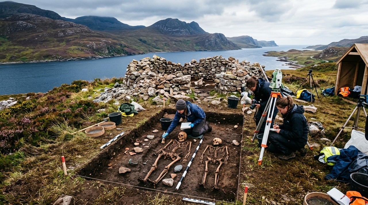 O pequeno monte funerário de pedras foi escavado em 2000, perto de Loch Borralie, após moradores encontrarem ossos humanos expostos no solo.
