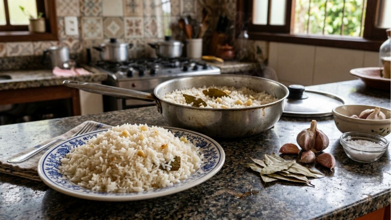 Alho, louro e caldo deixam o arroz muito mais saboroso.