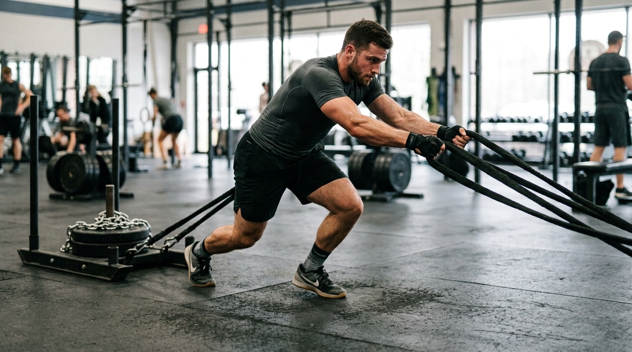 O sled push concentra grande parte do esforço nos membros inferiores, enquanto braços, ombros e abdômen estabilizam o corpo.