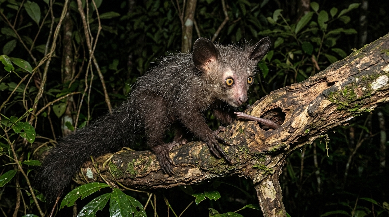 O Aye-aye (Daubentonia madagascariensis) é um lêmure que vive exclusivamente em Madagascar.