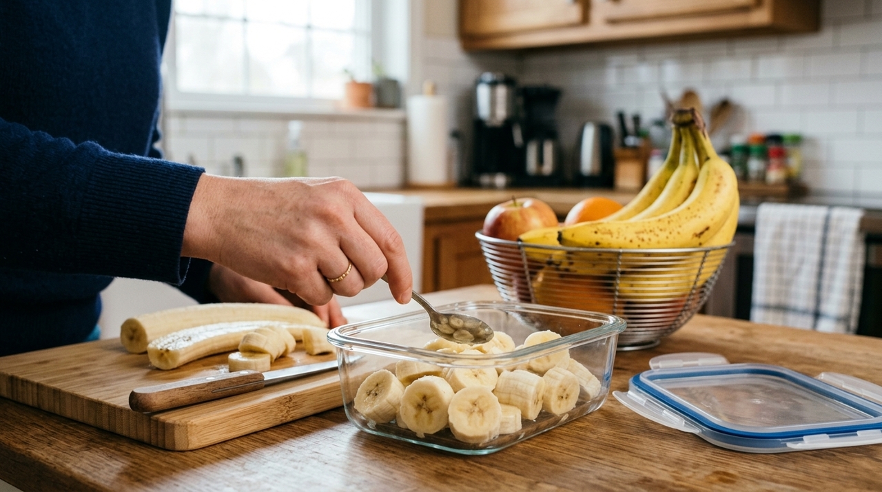 Como boa parte da liberação de etileno se concentra na região do encaixe entre as bananas, envolver o cabo com filme plástico virou um truque doméstico bastante usado