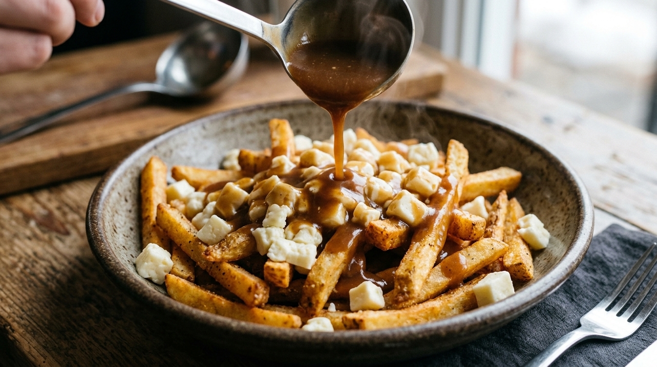 Descrita como prato da culinária canadense originário de Quebec, a poutine reúne batata frita, queijo coalho e molho de carne.