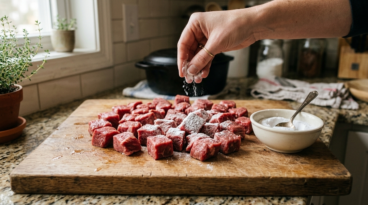 O passo a passo é simples: polvilhe uma camada fina sobre a carne já cortada, espalhe com as mãos e deixe agir por aproximadamente vinte minutos