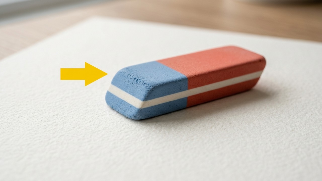 O lado mais rígido da borracha atua como uma lixa fina capaz de desgastar a superfície do papel para remover traços difíceis. – Imagem gerada por IA