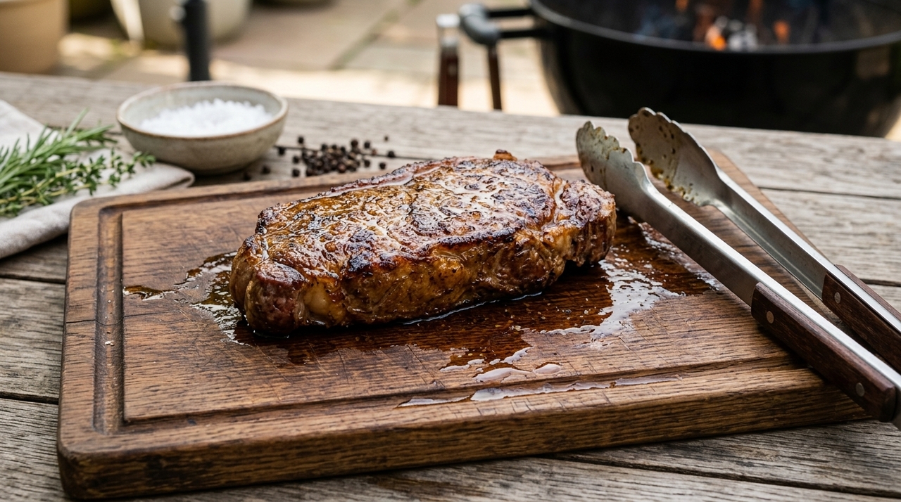 Em fogo alto, a superfície seca da carne atinge temperatura suficiente para dourar.