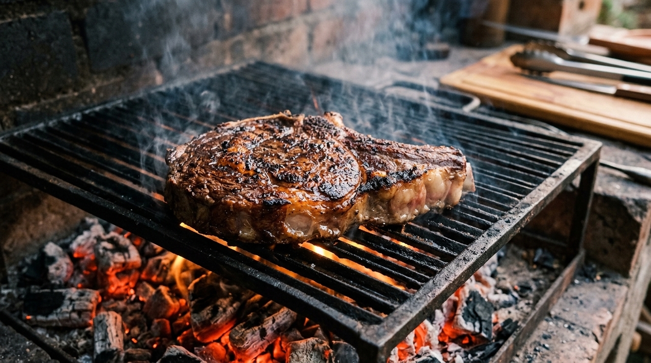 Em fogo alto, a superfície seca da carne atinge temperatura suficiente para dourar.