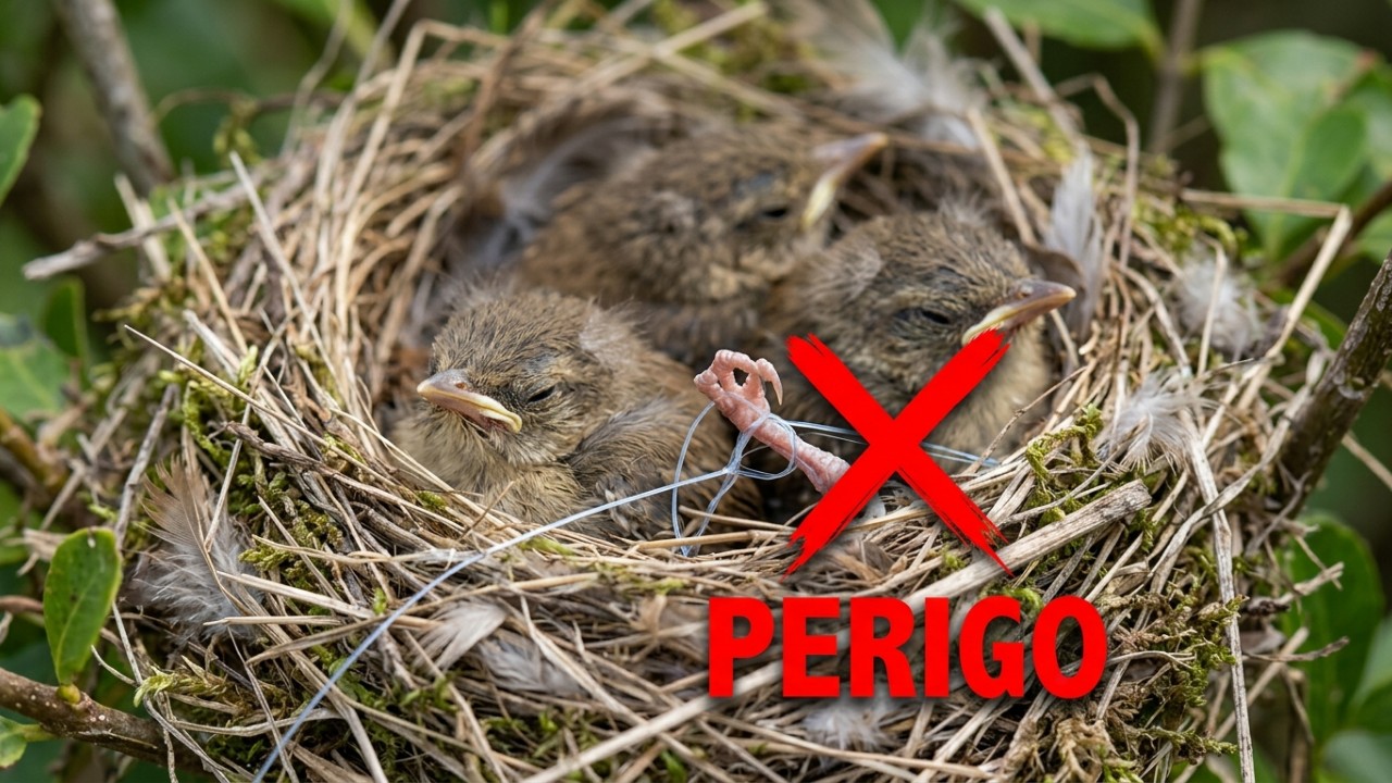 O uso de materiais tecnológicos em ninhos revela a capacidade de adaptação da fauna frente à devastação da guerra. – Imagem gerada por IA