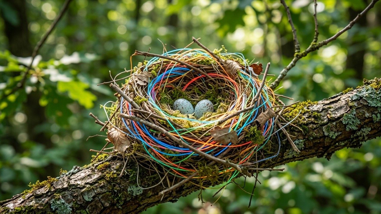 Pequenas aves na Ucrânia utilizam cabos de fibra óptica de resíduos militares para construir seus ninhos. – Imagem gerada por IA