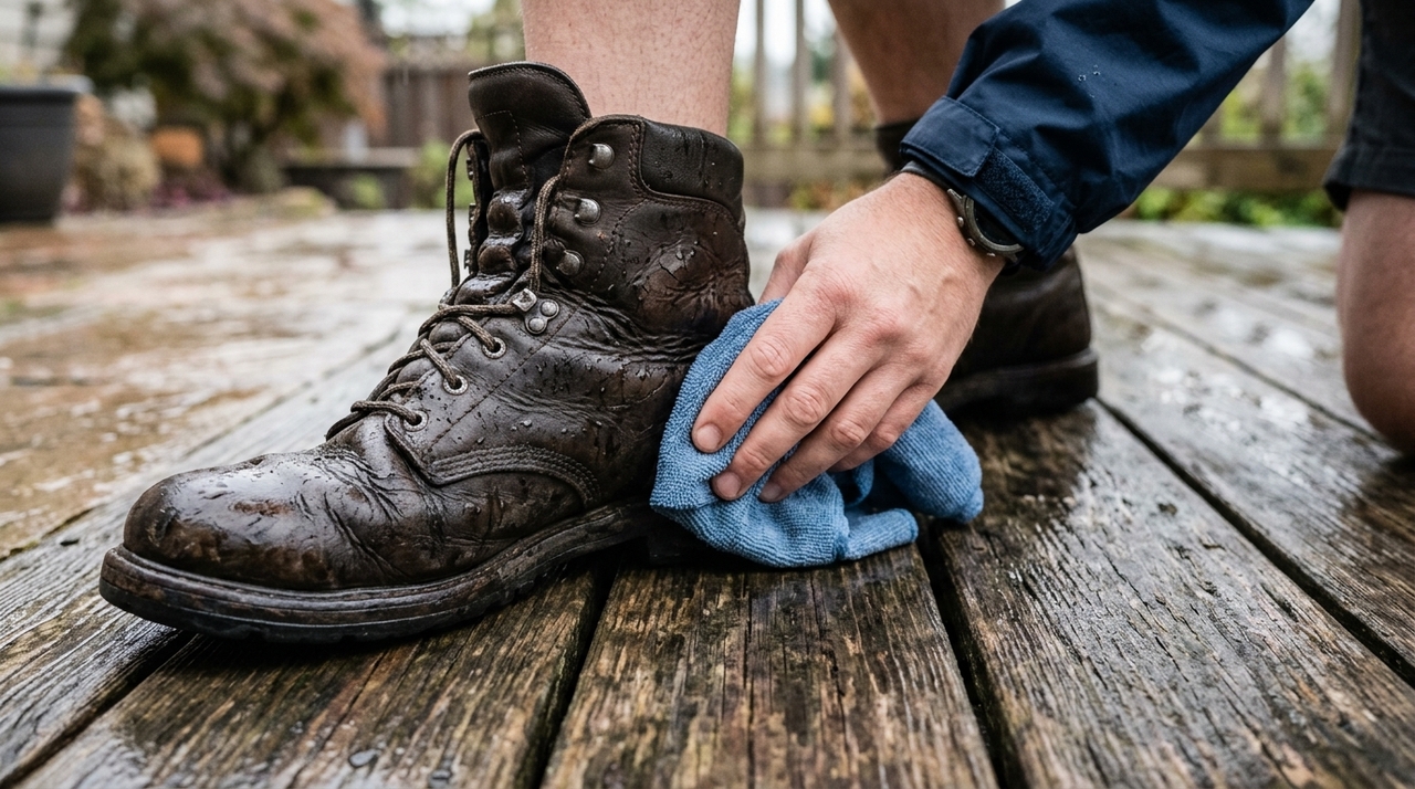 Quando a bota de couro encharca, a água penetra na estrutura porosa do material e desorganiza parcialmente as fibras