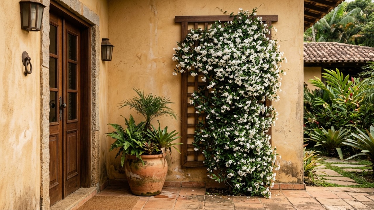 O jasmim-chorão transforma a entrada da casa em um espaço acolhedor e perfumado através de sua elegância e fácil adaptação. – Imagem gerada por IA