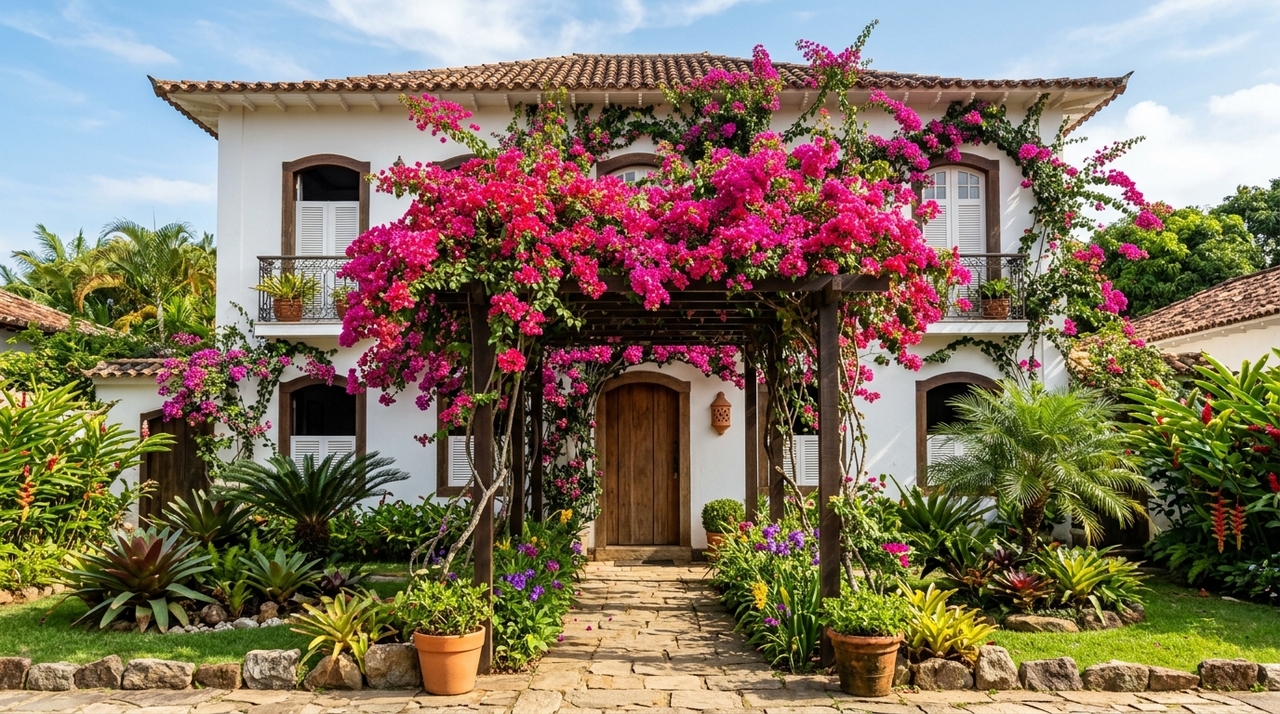 Entre as espécies de trepadeira para muro, a bougainvillea se destaca pela resistência, pelo crescimento vigoroso e pela longa época de floração.