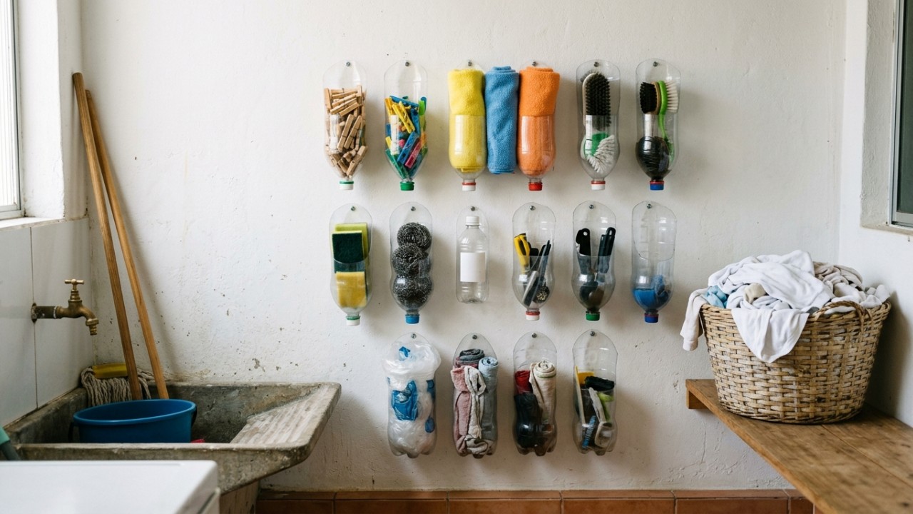 Reaproveite embalagens plásticas com técnicas de upcycling para manter a casa organizada sem gastos. – Imagem gerada por IA