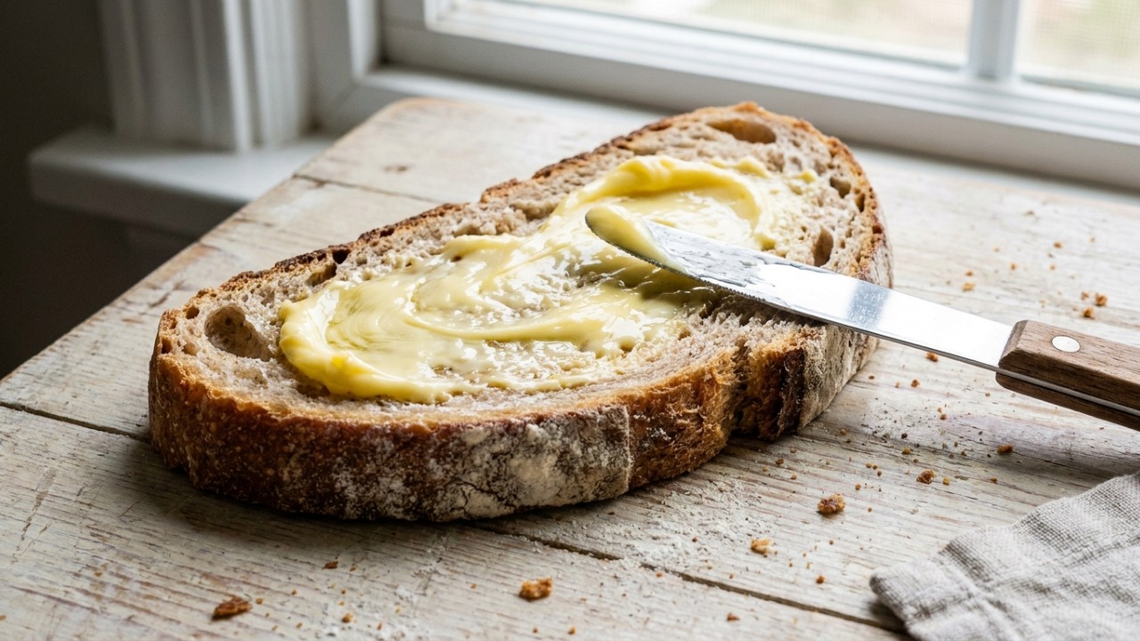 A manteiga deriva do creme de leite enquanto a margarina surge de óleos vegetais refinados. – Imagem gerada por IA