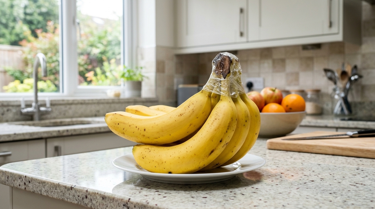 Como boa parte da liberação de etileno se concentra na região do encaixe entre as bananas, envolver o cabo com filme plástico virou um truque doméstico bastante usado