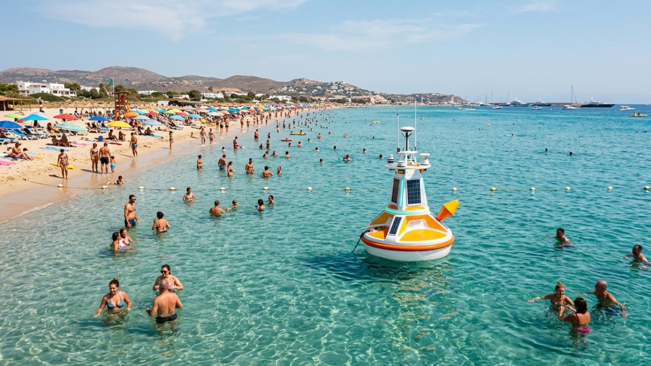 Nova tecnologia de boias eletromagnéticas mantém praias do Mediterrâneo livres de medusas. – Imagem gerada por IA