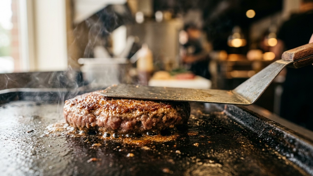 O calor intenso da chapa é fundamental para criar a crosta ideal através da reação de Maillard. – Imagem gerada por IA