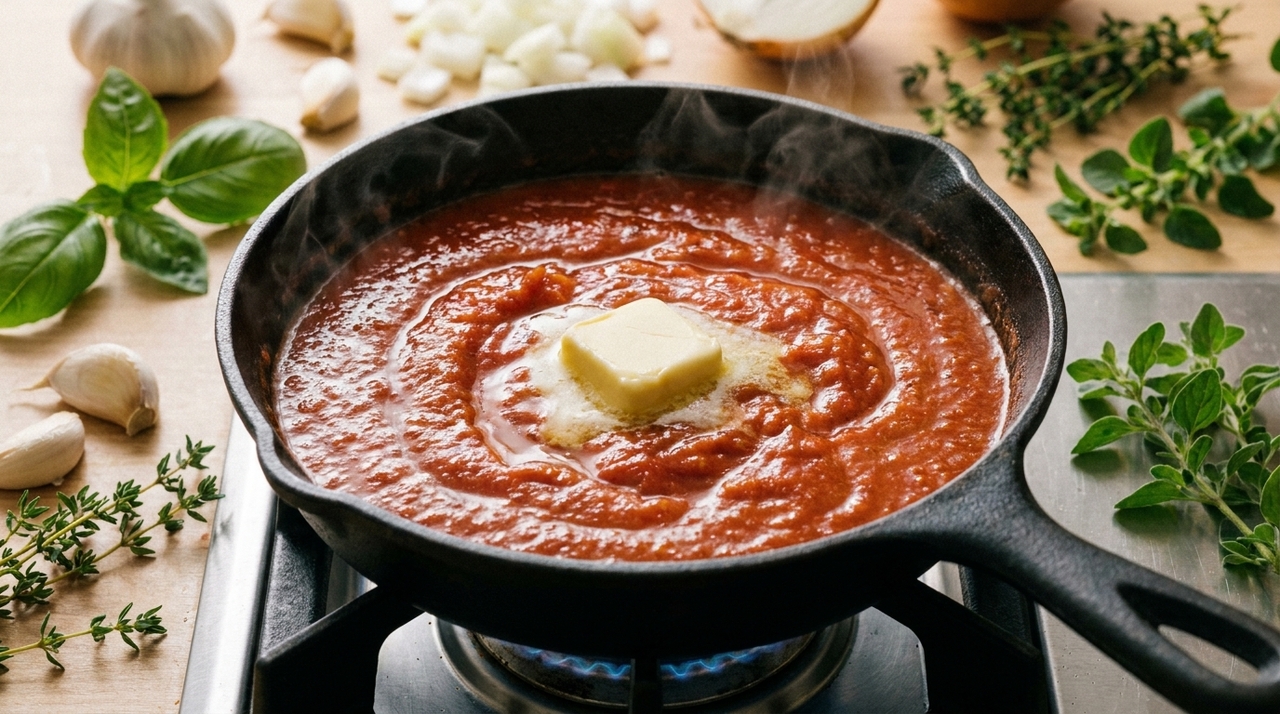 A manteiga acrescenta gordura e ajuda a envolver os componentes aromáticos do tomate, criando uma sensação mais cremosa na boca.