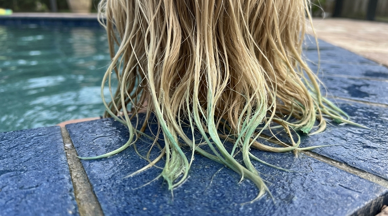 O primeiro passo é enxaguar o cabelo imediatamente com água limpa para reduzir o tempo de contato entre os fios e os resíduos da piscina.