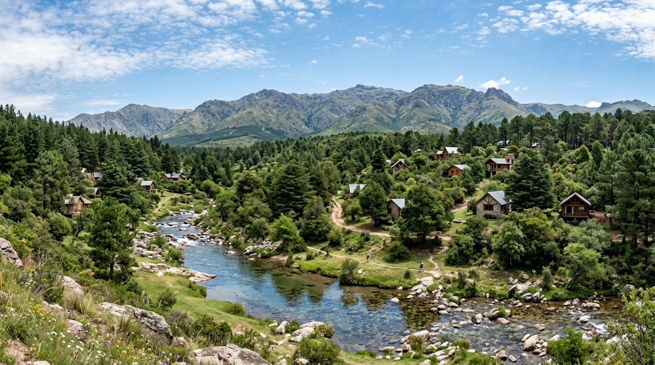 O rio Los Reartes atravessa a região com trechos de água transparente, pedras e pequenas faixas de areia.