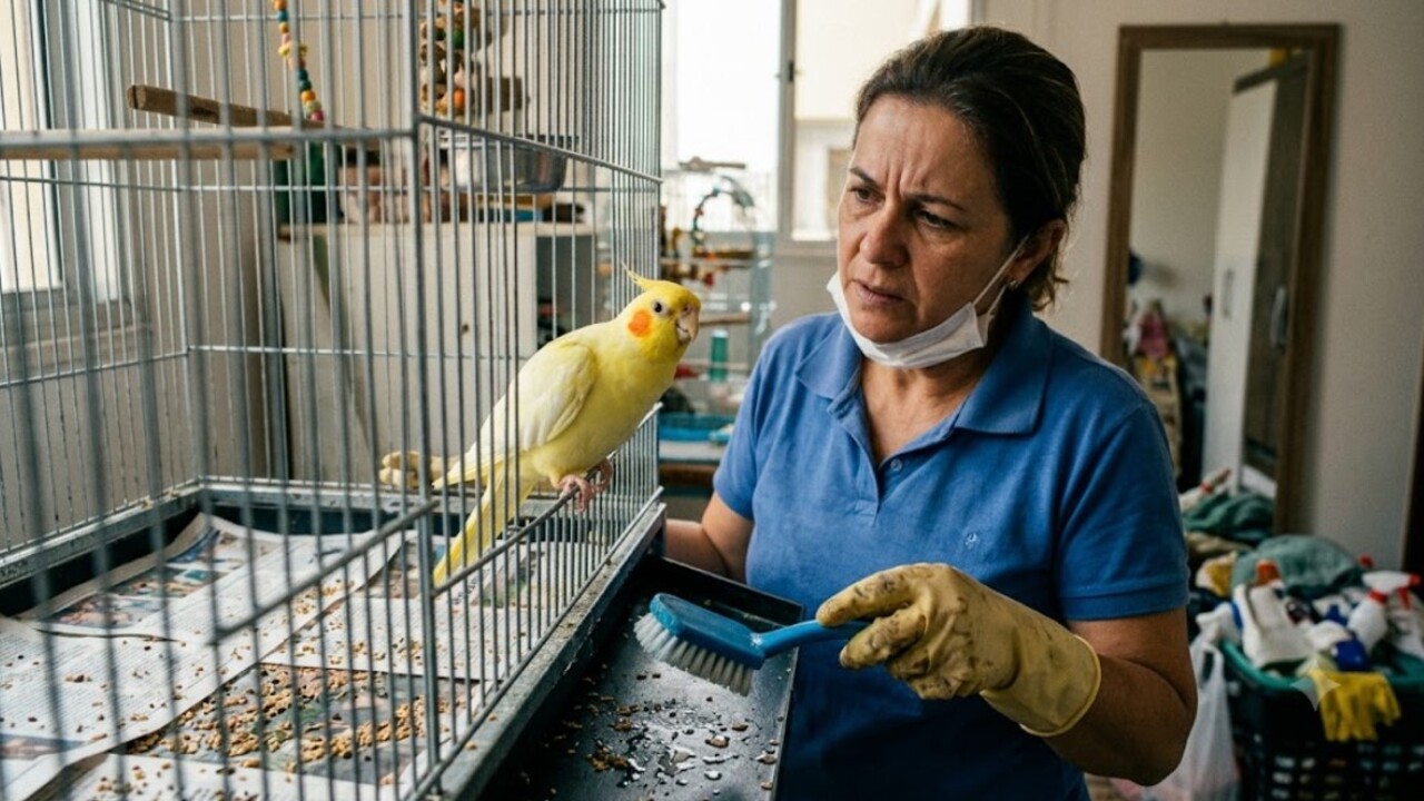 Dona de casa limpando gaiola de calopsita