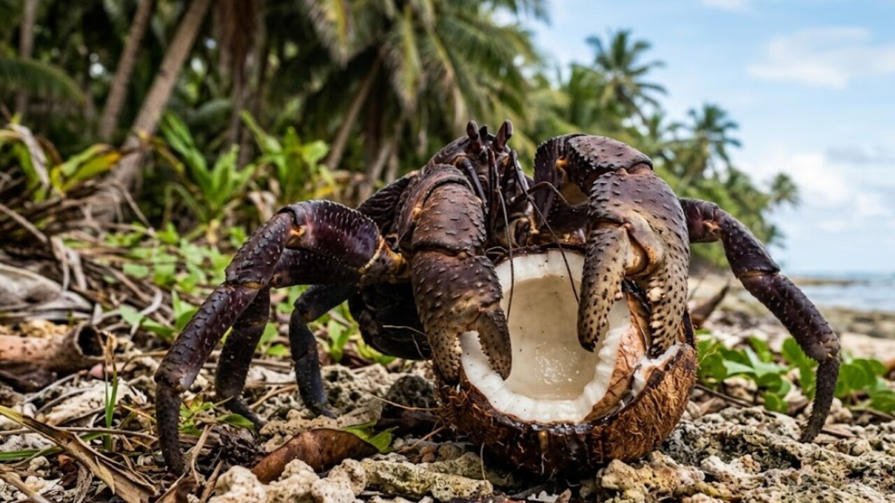 O caranguejo-dos-coqueiros impressiona por ser o maior artrópode terrestre do mundo e por sua força capaz de abrir cocos