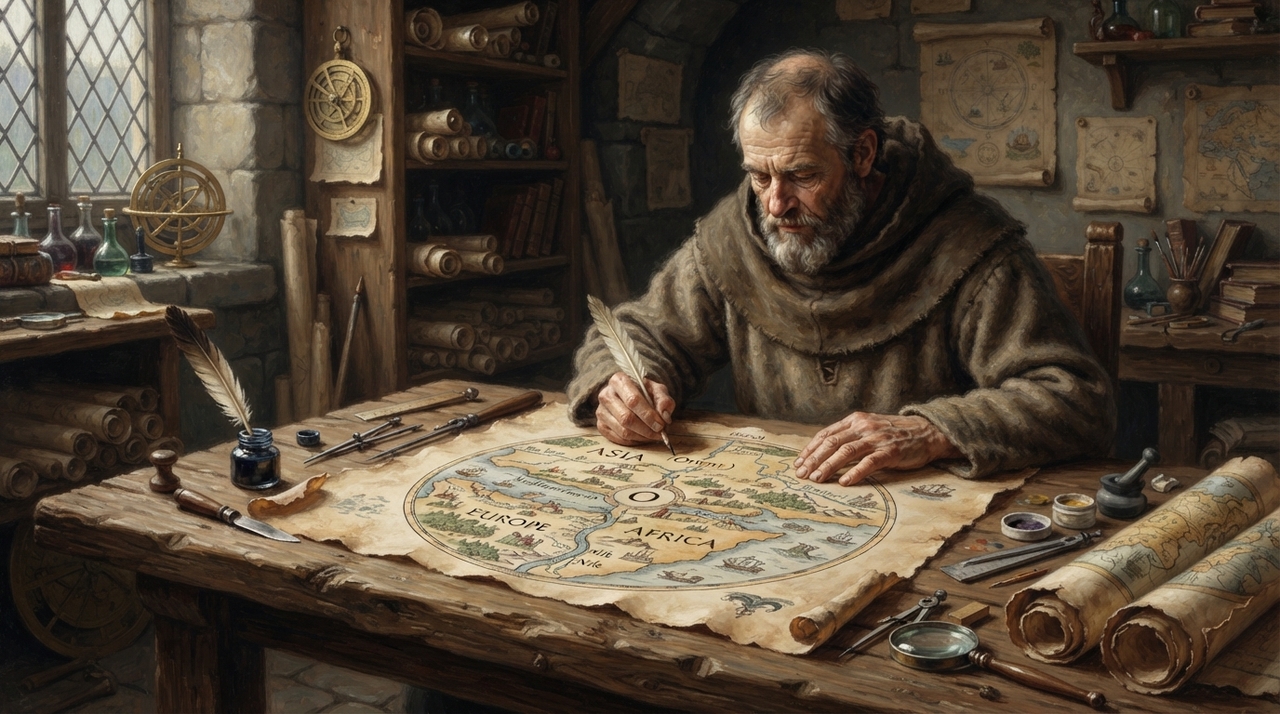 Os mapas T-O resumiam o mundo habitado dentro de um círculo, dividido por um desenho semelhante às letras T e O.