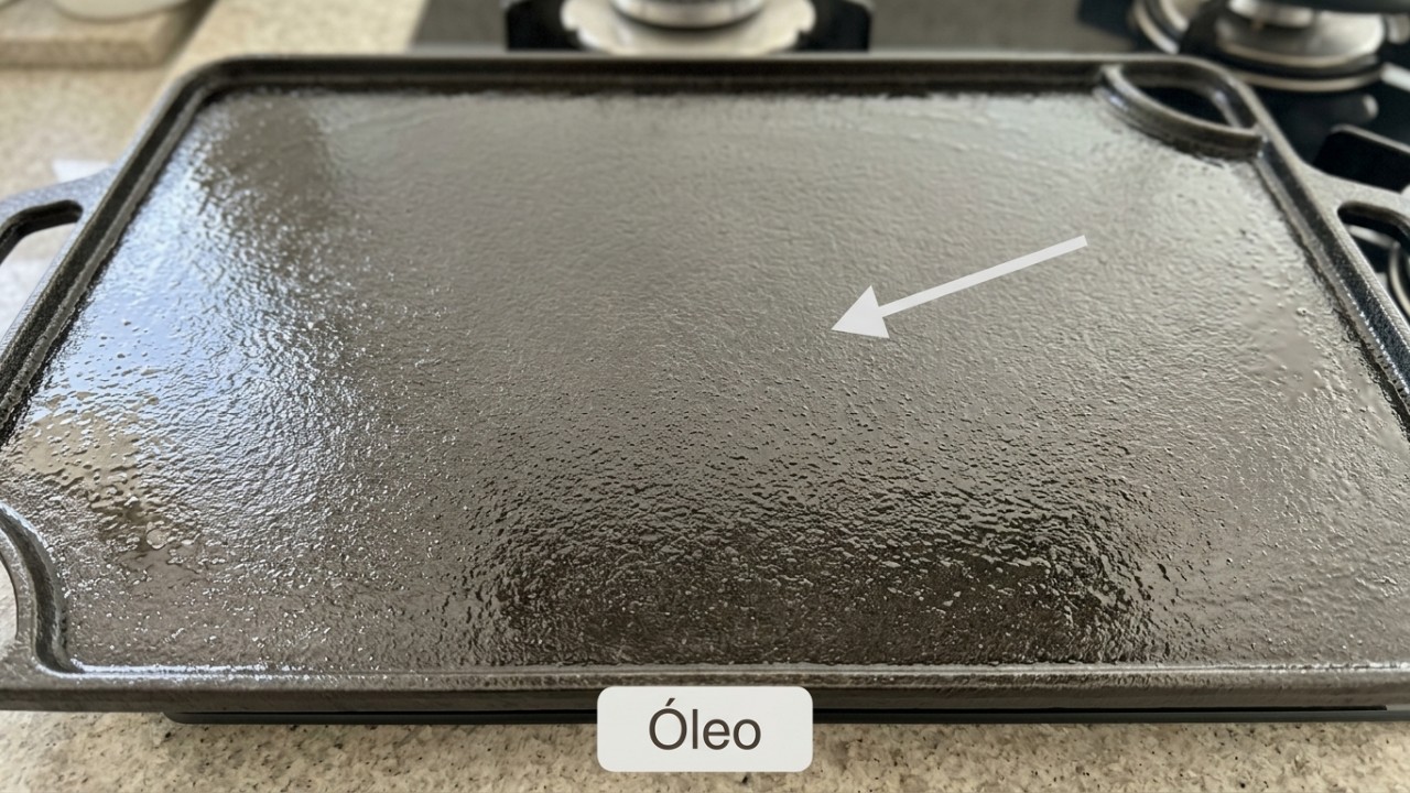 Aplique uma fina camada de óleo na chapa fria para garantir a selagem perfeita da carne. – Imagem gerada por IA