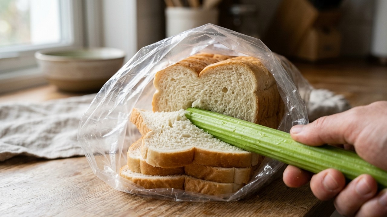 Um talo de salsão dentro da embalagem mantém o pão de forma macio por mais tempo. – Imagem gerada por IA