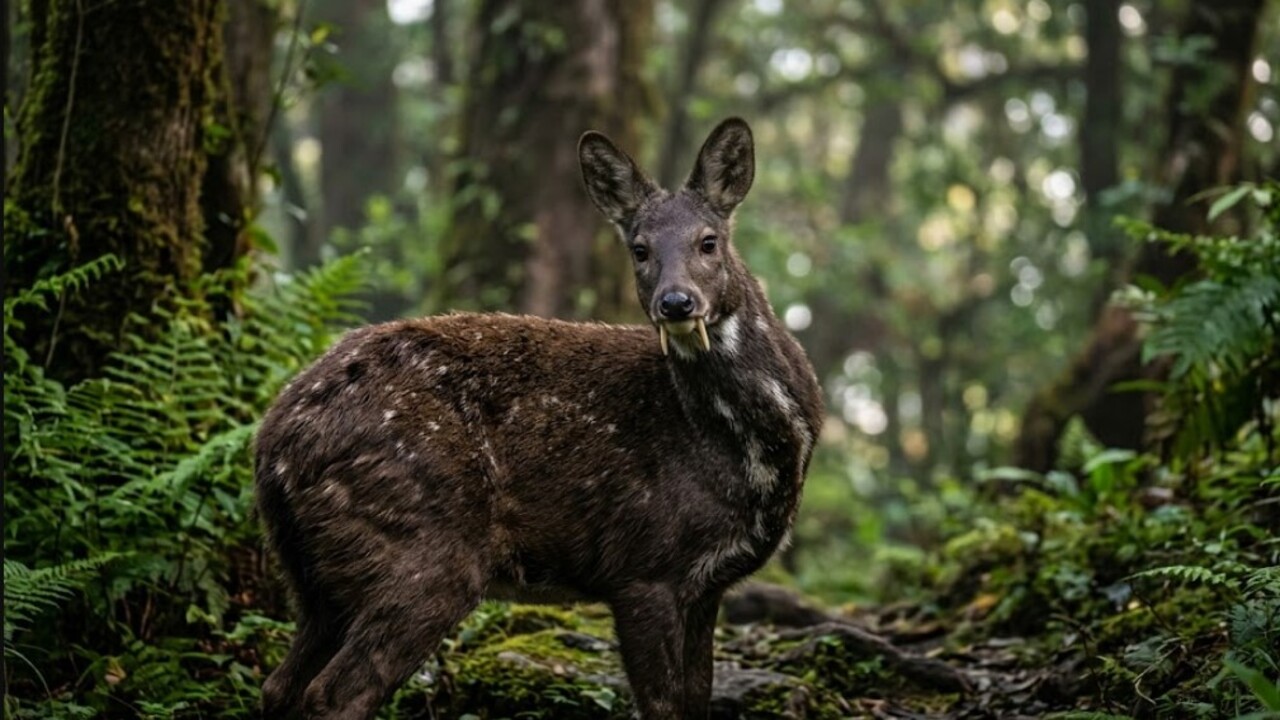 O cervo-vampiro, também conhecido como cervo-almiscarado, chama a atenção por exibir longos caninos que lembram presas de vampiros