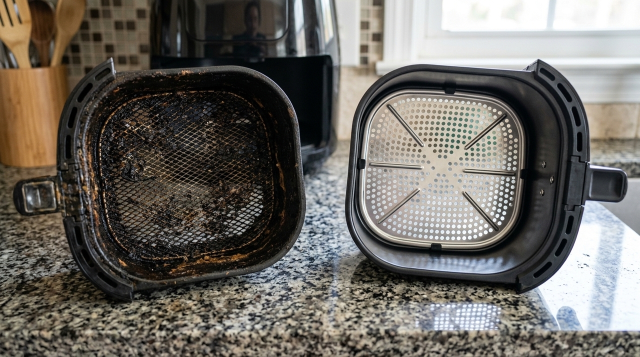 A fritadeira de ar funciona com ar quente em alta velocidade, permitindo fritar, grelhar e assar com pouco ou nenhum óleo.