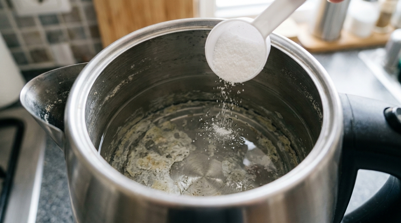O método mais direto é colocar água na chaleira, adicionar o produto e aquecer até a solução agir sobre o depósito.