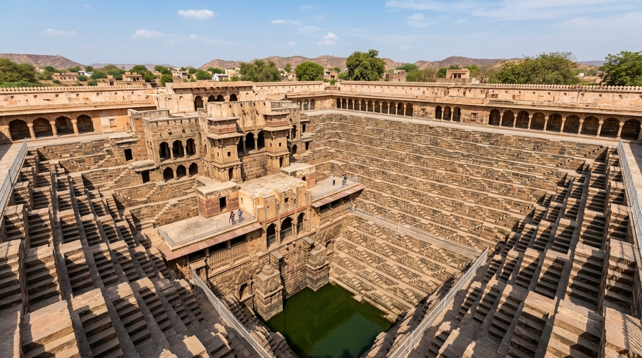 Localizado na vila de Abhaneri, no estado de Rajasthan, o Chand Baori foi construído por volta do século IX e se tornou um dos maiores e mais profundos poços em degraus já criados.