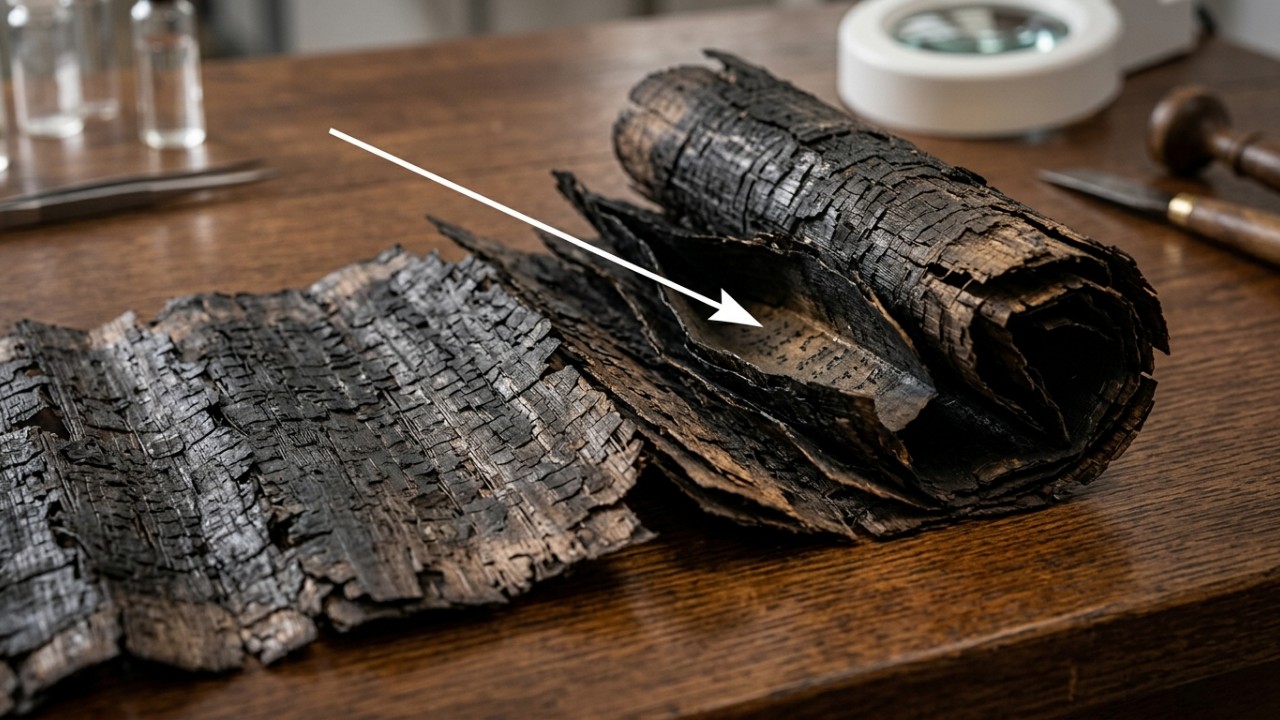 Tecnologia moderna permite a leitura digital de papiros carbonizados do Império Romano. – Imagem gerada por IA