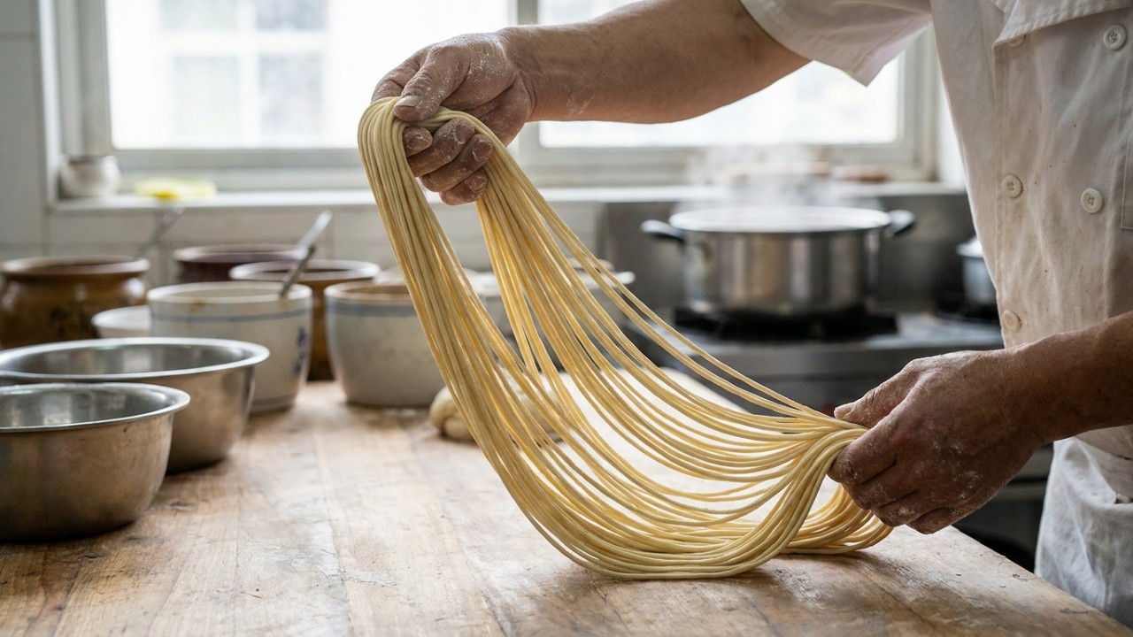 O domínio da hidratação e do descanso da massa é essencial para alcançar a elasticidade perfeita no macarrão chinês artesanal. – Imagem gerada por IA