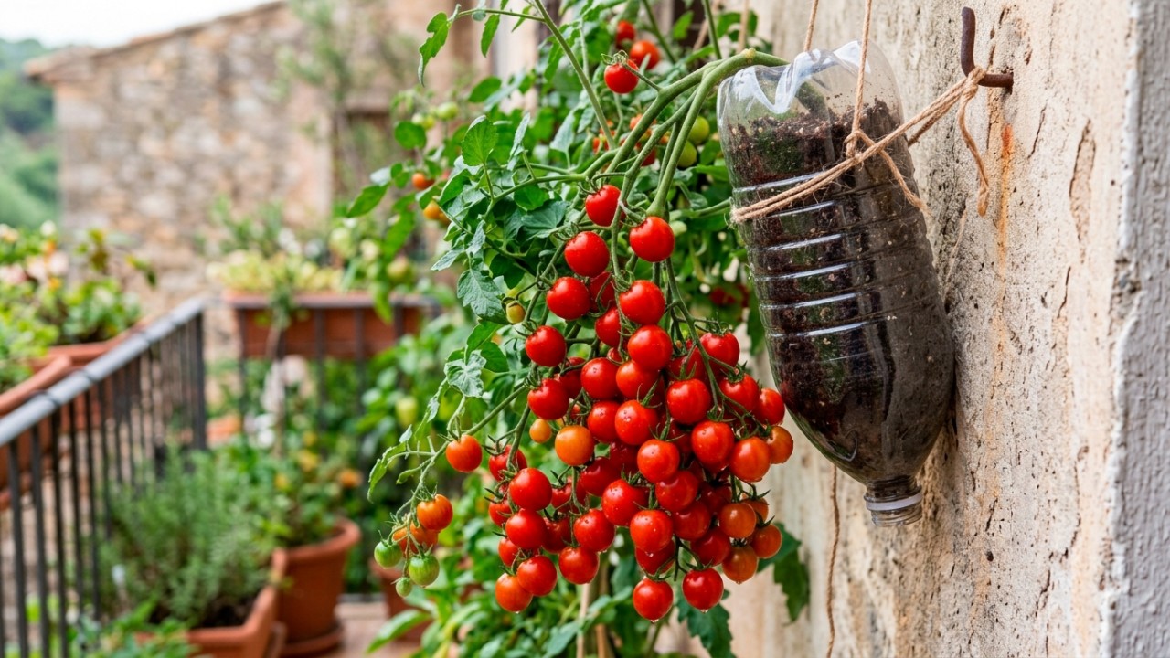 O cultivo de tomateiros de forma invertida suspensa otimiza espaços reduzidos e garante uma produção orgânica sustentável. – Imagem gerada por IA