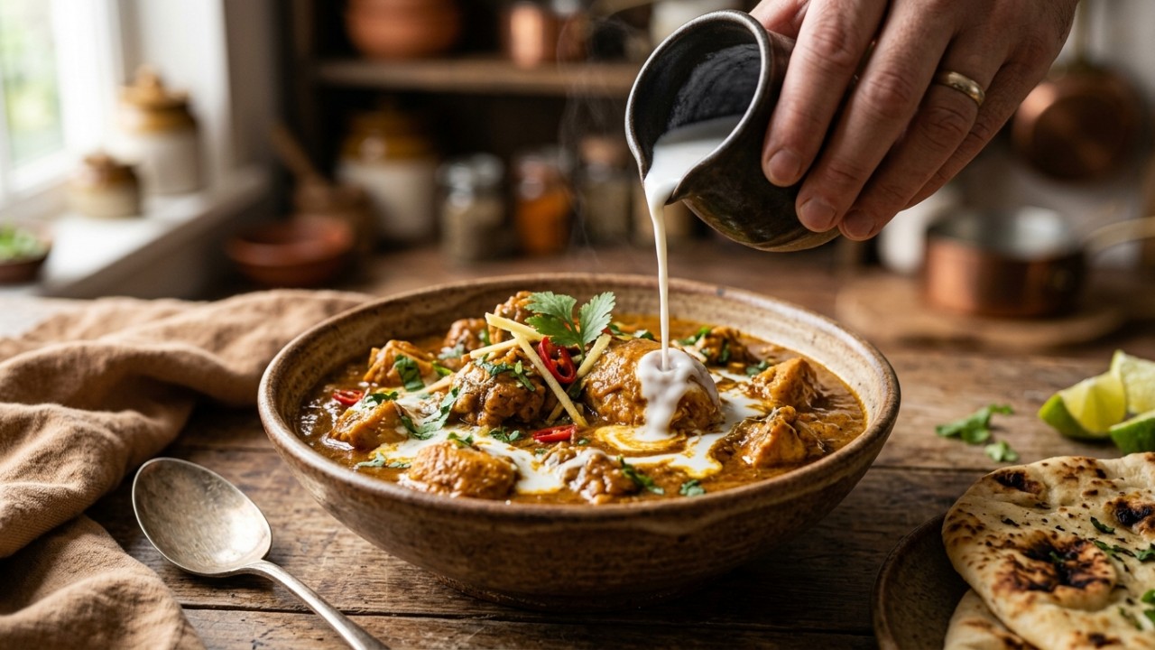 O leite de coco equilibra o sabor e traz cremosidade ao seu curry indiano. – Imagem gerada por IA