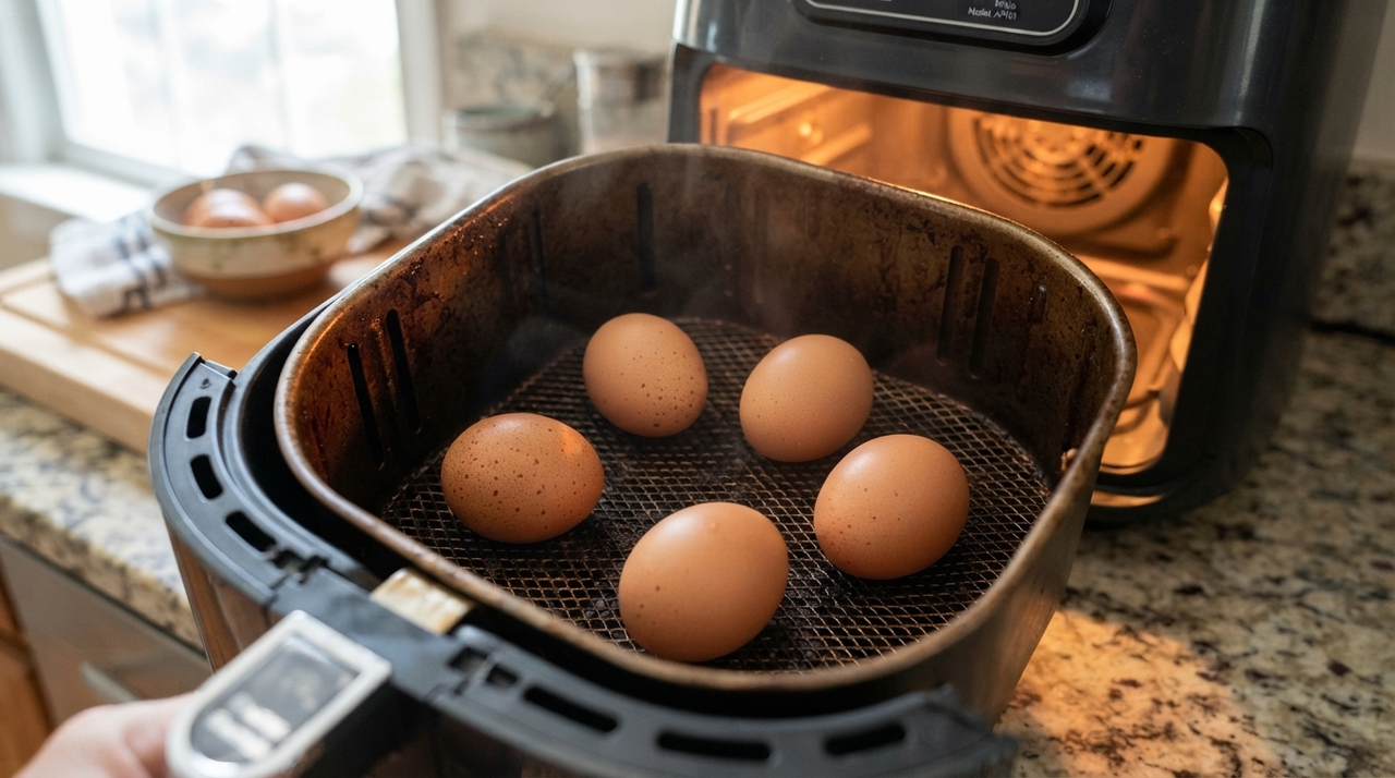 O preparo de ovos na airfryer pode começar com o preaquecimento do aparelho por três a cinco minutos a aproximadamente 135 °C.