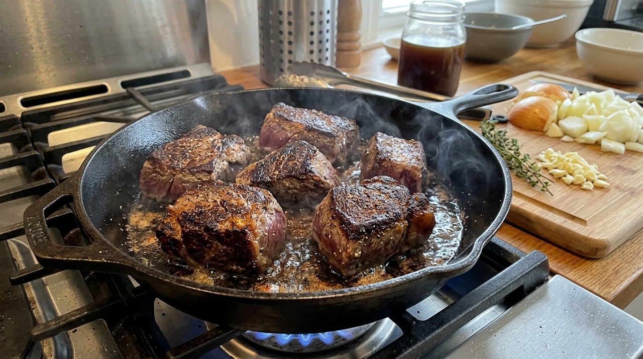 Depois de dourar a carne, entram os ingredientes responsáveis pela umidade.