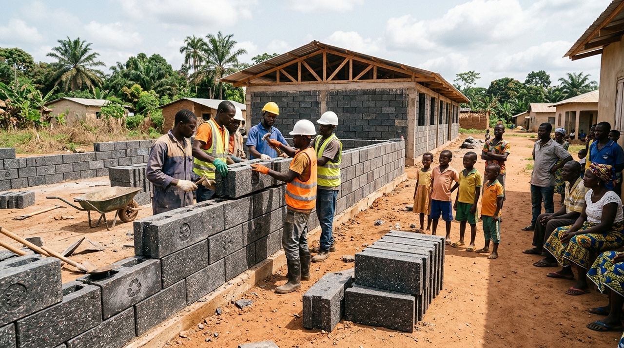 As peças possuem formatos complementares que permitem o encaixe entre os blocos, lembrando um brinquedo de construção em escala ampliada
