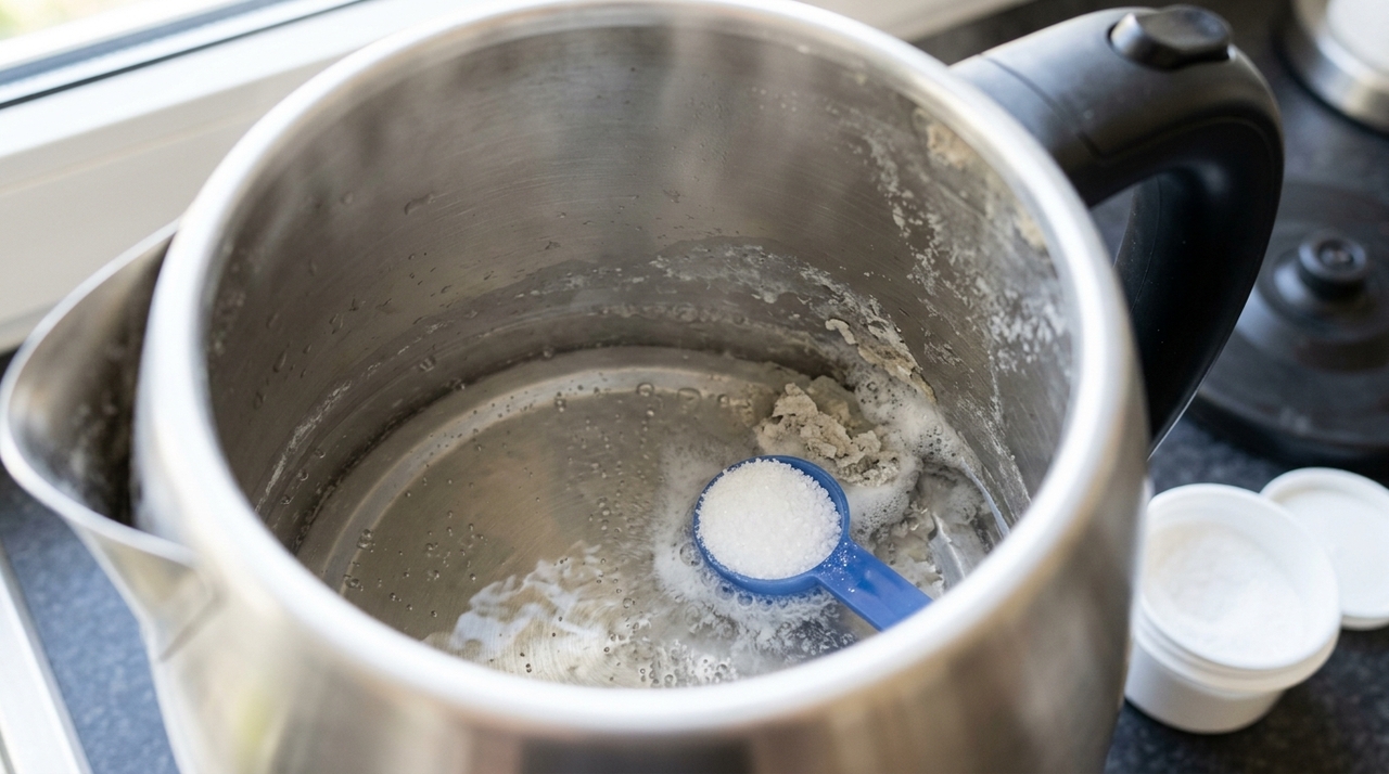 O método mais direto é colocar água na chaleira, adicionar o produto e aquecer até a solução agir sobre o depósito.