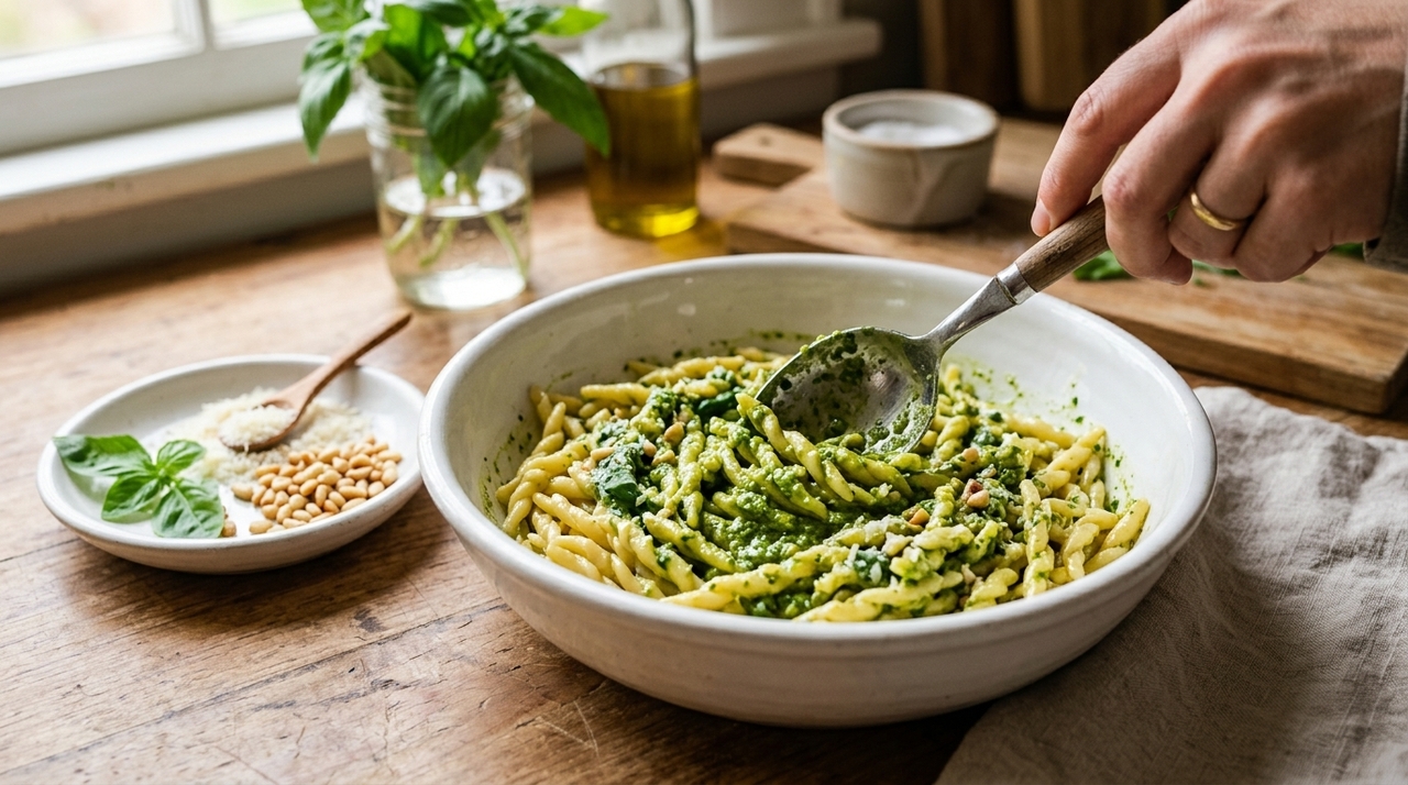 O molho italiano originário de Gênova é preparado pela moagem dos ingredientes, não pelo cozimento no fogão.