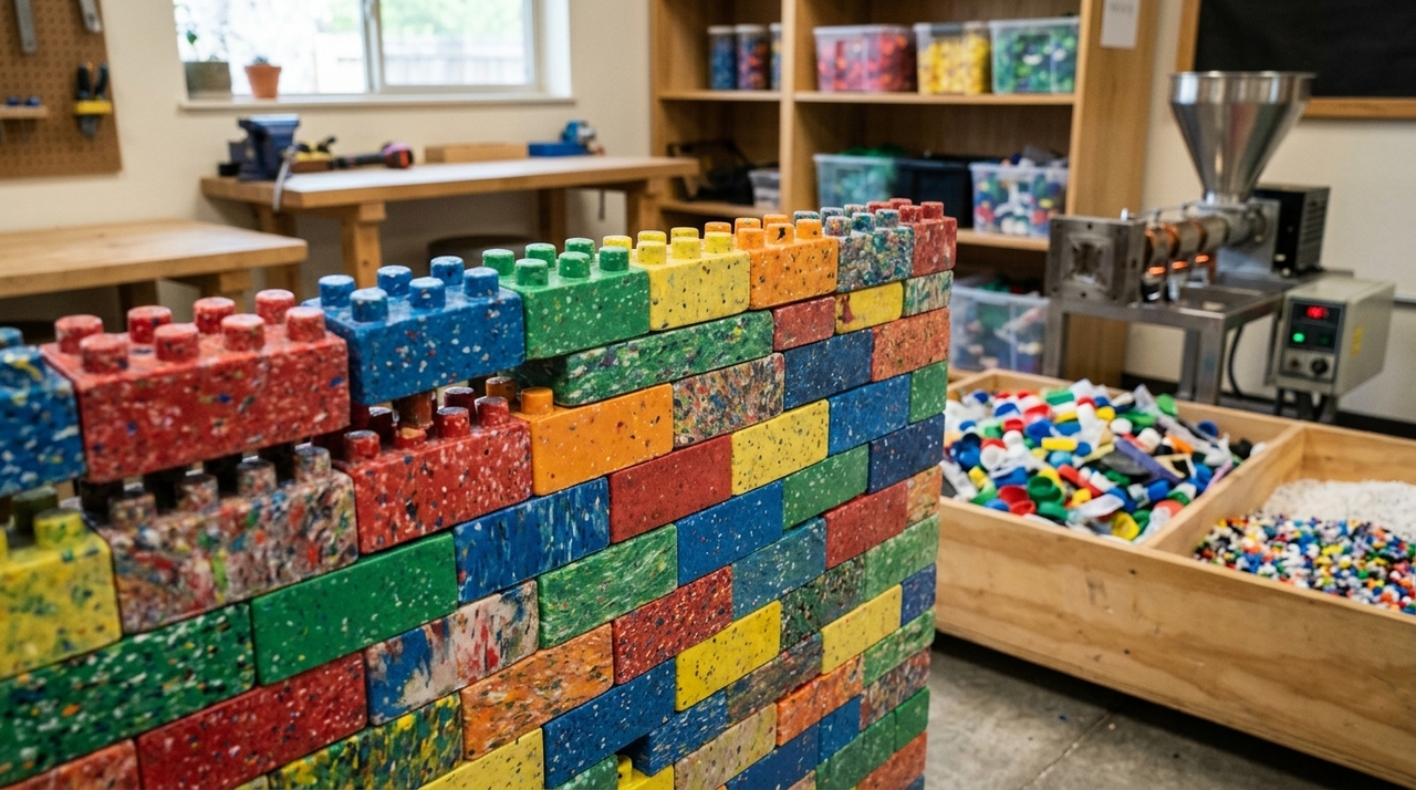 As peças possuem formatos complementares que permitem o encaixe entre os blocos, lembrando um brinquedo de construção em escala ampliada