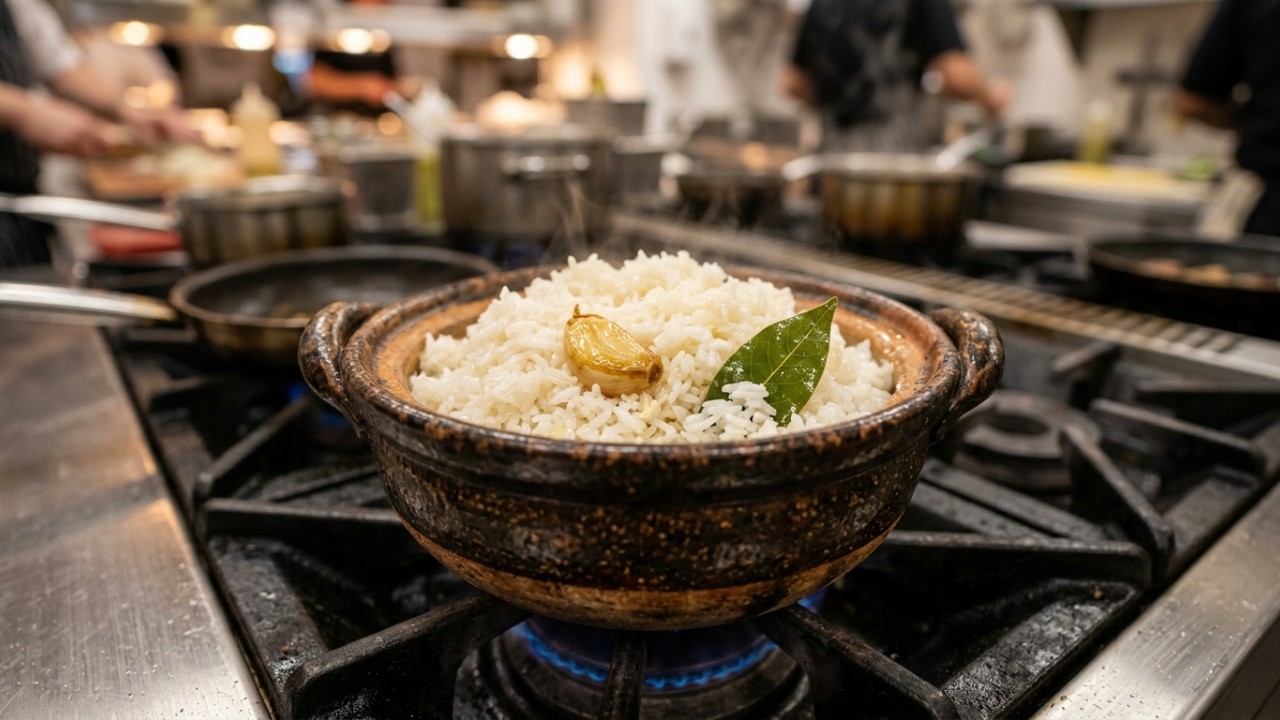 Pequenos ajustes no cozimento garantem um arroz aromático com toque de chef. – Imagem gerada por IA