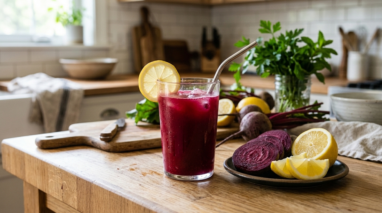 A união da beterraba, rica em nitratos naturais, com o limão, fonte de vitamina C, cria uma bebida nutritiva e refrescante.