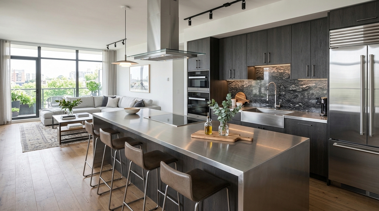 Enquanto o granito ainda aparece em muitas cozinhas brasileiras, a presença do aço inox cresce em apartamentos compactos, lofts e cozinhas planejadas.