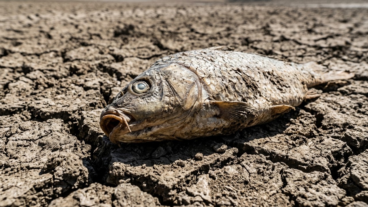 Imagens de satélite revelam a redução drástica do volume de água no reservatório San Carlos devido à severa crise climática. – Imagem gerada por IA