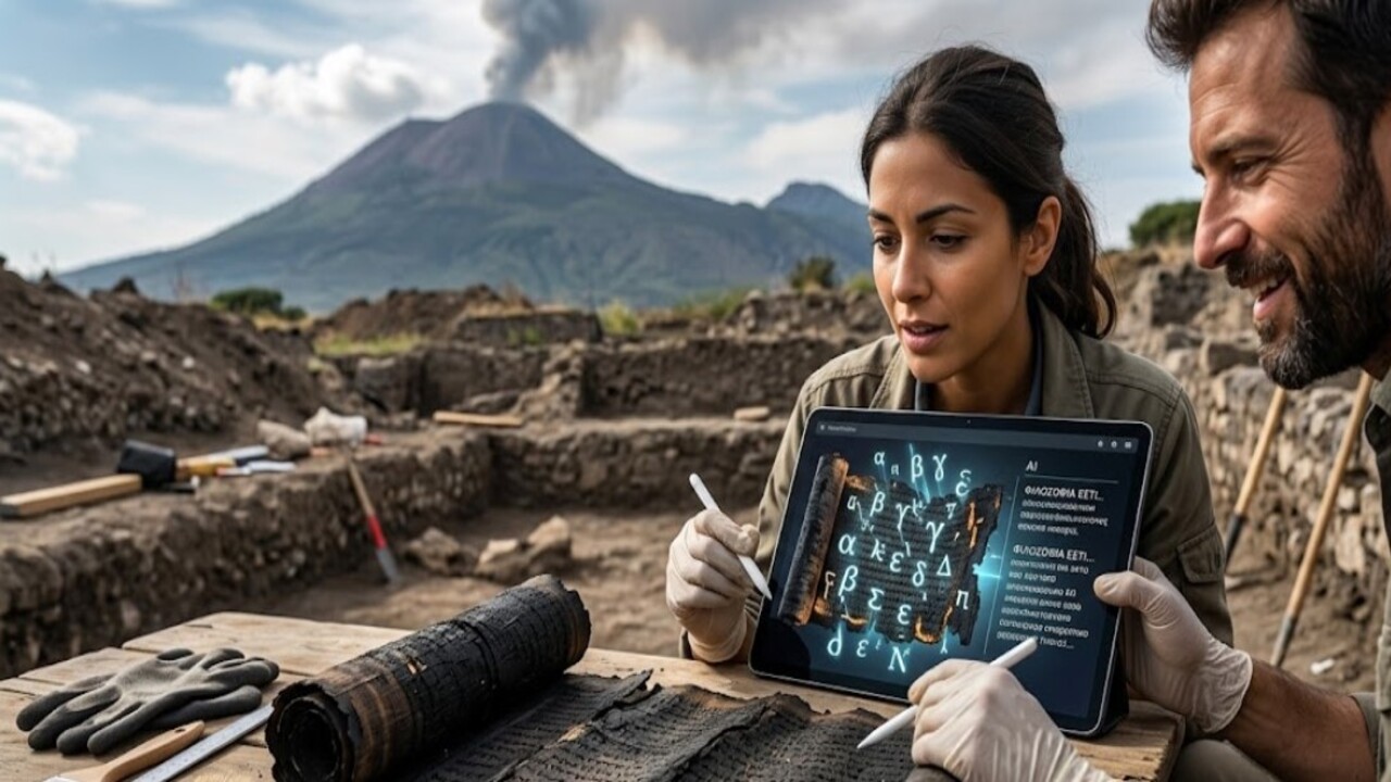 Cientistas decifrando pergaminho com o auxílio de IA
