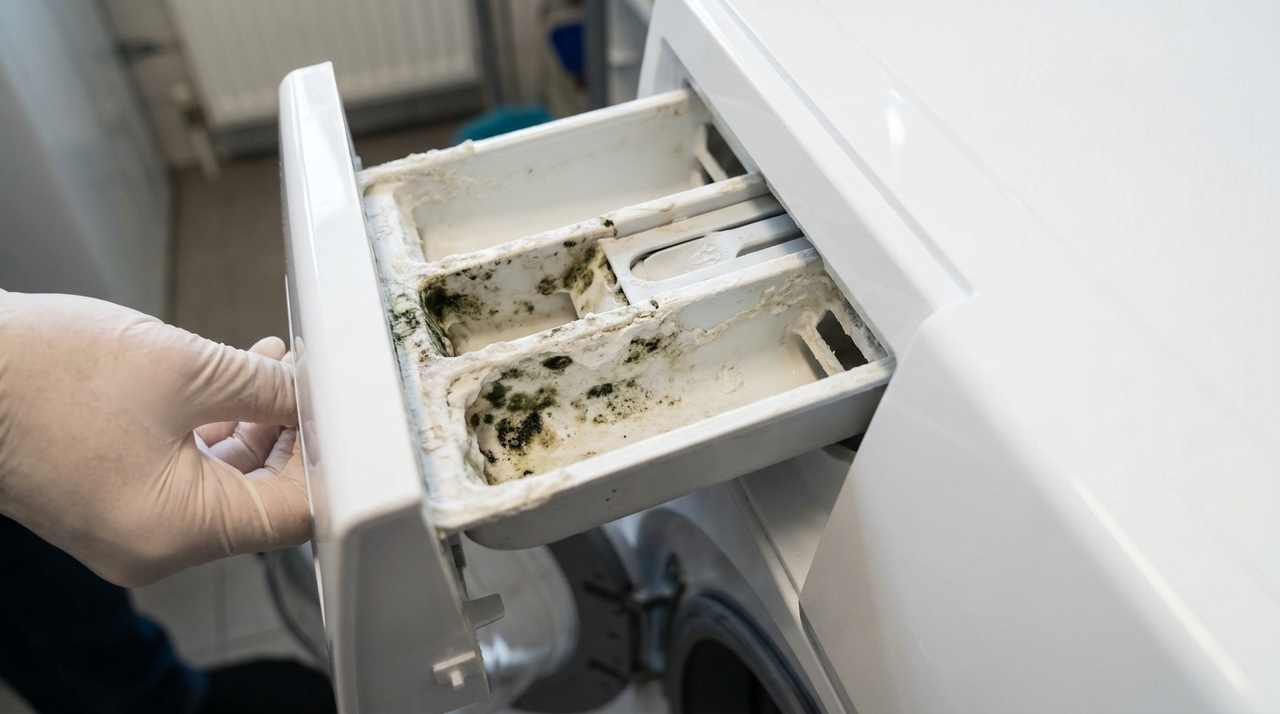 A gaveta destinada aos insumos de lavagem permanece molhada por muito tempo criando cenários ideais para fungos